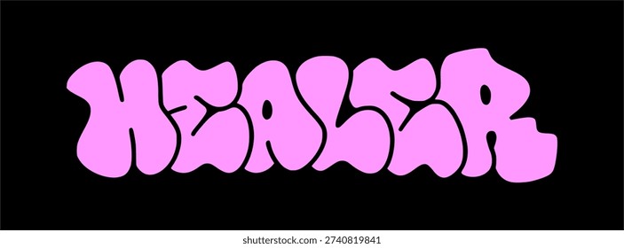 Graffiti throw up HEALER in bubbly urban street art style. Purple bubble letters for wellness, spiritual therapy, and holistic health branding design.