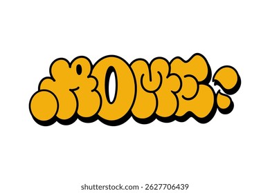 Grafite vomita "Roma" em letras de bolhas negrito amarelas com contorno preto sobre fundo branco. Estilo de rua urbano com cores vibrantes, perfeito para cartazes, roupas de rua e arte digital.
