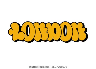 Graffiti throw-up “London” in bold yellow bubble letters with black outline on white background. Urban street style with vibrant colors, ideal for streetwear, posters, and digital art projects.
