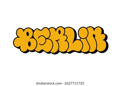 Graffiti throw-up “Berlin” in bold yellow bubble letters with black outline on white background. Dynamic urban style perfect for streetwear, posters, and digital graphic design projects.
