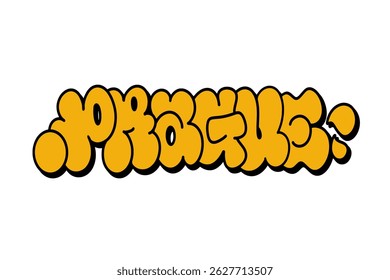 Grafite vomita "Praga" em letras de bolha amarelas em negrito com contorno preto sobre fundo branco. Estilo urbano vibrante perfeito para roupas de rua, cartazes e projetos de design gráfico digital.
