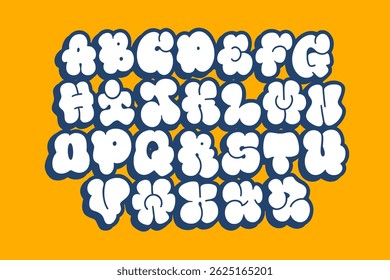 Graffiti throw-up bubble font from A to Z. Bold, round, and playful letterforms with spray paint textures and drips. Ideal for street art-inspired designs, apparel, and graffiti art projects.