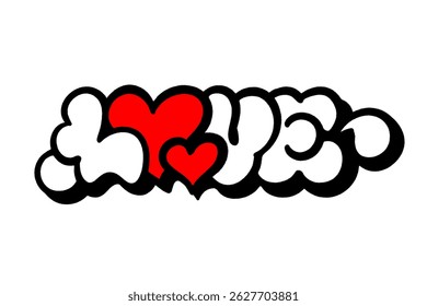 Graffiti throw-up “Love” with a red heart logo replacing the letter O, bold bubble letters on white background. Expressive urban handstyle, perfect for streetwear, posters, and digital art.
