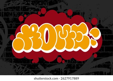 Graffiti throw-up text “Rome” in bold bubble letters with black brick wall background. Includes scribbled graffiti accents for urban vibe. Perfect for posters, fashion, and digital art.
