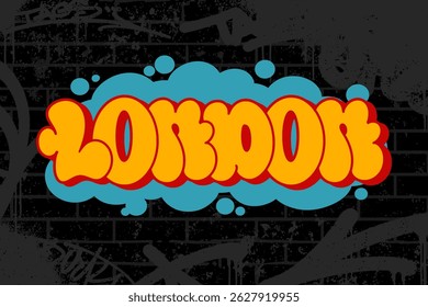 Graffiti throw-up text “London” in bold bubble letters over black brick wall background. Includes graffiti scribbles and urban street vibe. Great for posters, apparel, and digital designs.
