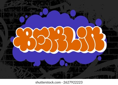 Graffiti throw-up text “Berlin” in bold bubble lettering with black brick wall background. Decorated with graffiti scribbles for raw street feel. Ideal for posters, fashion, and digital art.
