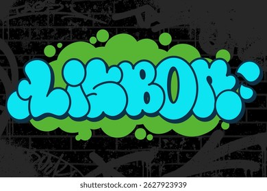 Graffiti throw-up text “Lisbon” in bold bubble letters on black brick wall background. Decorated with graffiti scribbles for raw street vibe. Great for posters, apparel, and digital art.
