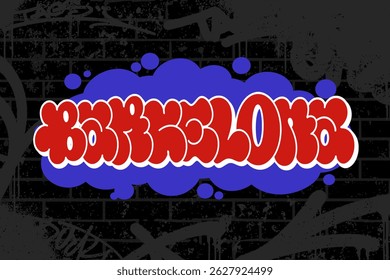 Graffiti throw-up text “Barcelona” in bold bubble letters on black brick wall background. Features graffiti scribbles adding urban edge. Ideal for posters, apparel, and street art designs.
