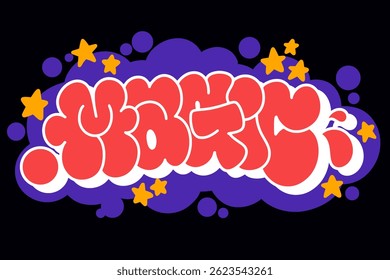 Graffiti throw-up text “MAGIC” in vibrant colors with bold outlines, featuring star ornaments and bubble background. Urban street art with playful, dreamy, and dynamic style.

