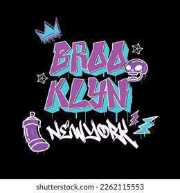 Graffiti t-shirt design. New York t shirt design with spray paint graffiti letters.Brooklyn skull slogan t-shirt print with urban graffiti typography. Vector