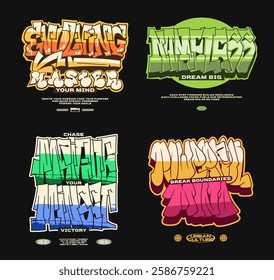 Graffiti t-shirt designs bundle. Graffiti typography set, Urban vector collection. Streetstyle graphic for print