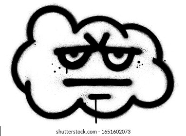graffiti unhappy cloud character sprayed in black over white