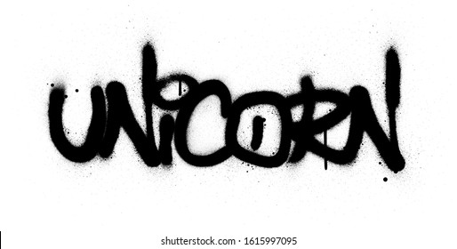 graffiti unicorn word sprayed in black over white