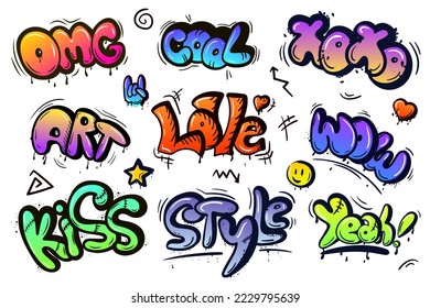 Graffiti urban art elements. Graffiti vector graffito of brushstroke lettering or graphic grunge typography illustration set