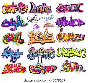Graffiti Urban Art. Hip Hop Grafitti Words Background. Grunge Street Tags And Funky Text Elements Vector Design
