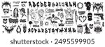 Graffiti urban sticker set, calligraphy print spray vector neo tribal alphabet street art character. Underground dark grunge culture tattoo, typeface, balaclava, font. Graffiti urban textile design