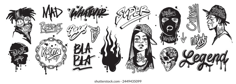 Graffiti urban sticker set, calligraphy spray print, vector street art splatter tags, rapper face. Hip-hop culture tattoo, black young guy, girl, balaclava, fire, skull. Graffiti urban textile design