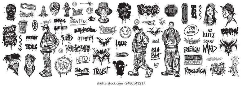 Graffiti urban sticker set, calligraphy print, vector spray street art splatter tags, rap character. Hip-hop skateboard culture tattoo, road sign, skull, balaclava arrow. Graffiti urban textile design