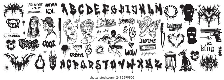 Graffiti urban sticker set, calligraphy print spray vector neo tribal alphabet street art character. Underground dark grunge culture tattoo, typeface, balaclava, font. Graffiti urban textile design