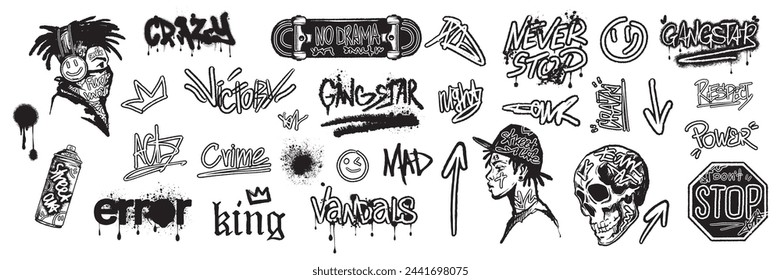 Graffiti urban sticker set, spray calligraphy print, vector street art splatter tags, rapper face. Hip-hop skateboard culture tattoo, black young guy, skull, arrow. Graffiti urban textile design