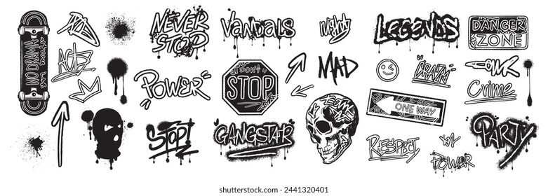 Graffiti urban sticker set, vector spray calligraphy print, street art splatter tags, creative icon. Hip-hop skateboard culture tattoo, road sign, skull, balaclava arrow. Graffiti urban textile design