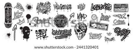 Graffiti urban sticker set, vector spray calligraphy print, street art splatter tags, creative icon. Hip-hop skateboard culture tattoo, road sign, skull, balaclava arrow. Graffiti urban textile design