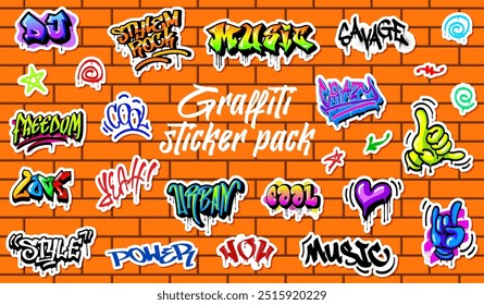 Graffiti städtische Street Art Aufkleber Pack. Vektor lebendige Wörter wie Musik, Stil, Wilde, Liebe und cool. Wow, Musik, ja, Macht oder Freiheit zusammen mit städtischen Straßenkunstsymbolen an einer Ziegelwand