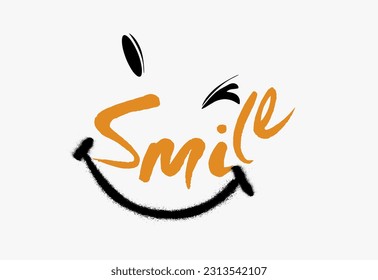 Graffiti urban street art style smiling emoji drawing and text. , Grunge smiling emoji face drawing and typography, smiling emoji