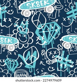 Graffiti urban street style skull emoji skateboard drawings. Seamless pattern, repeating texture background. Vector illustration design.