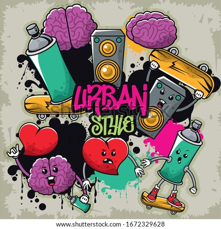 graffiti urban style poster with set icons vector illustration design