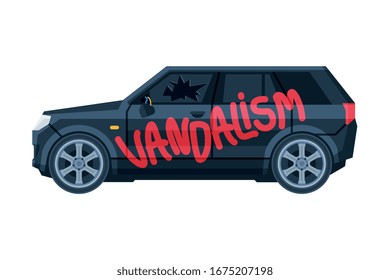 Graffiti Vandalism Word Sprayed on Car, Auto Accident Flat Vector Illustration