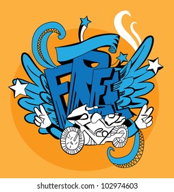 Graffiti vector abstract illustration. Wings, word, moto