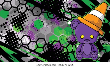 A graffiti vector background with a cute purple bear, traffic cone hat, hexagon-style urban setting and contrasting green-purple colors. Great for streetwear or pop art designs.