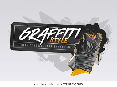Graffiti vector banner design with hand painting with spray can. Horizontal banner template with copy space. Wild style abstraction on background. 