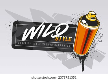 Graffiti vector banner design with spray can. Horizontal banner template with copy space. Wild style abstraction on background. 