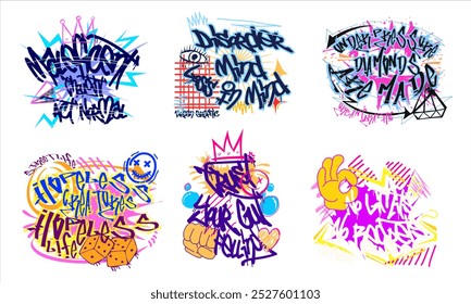 Graffiti vector bundle. street style designs set for t-shirt design. Urban graphic t shirt, graffiti typography t shirt designs collection. Street art for print.	