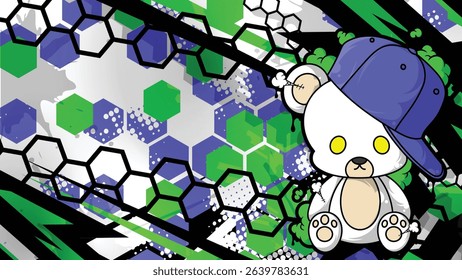 A graffiti vector design with a cute white bear wearing a blue hat, a background full of hexagon elements, paint splashes and sharp lines in shades of green, blue and black. Energetic and modern.
