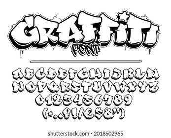 Graffiti vector font. Capital letters, numbers and glyps alphabet. Isolated black outline.