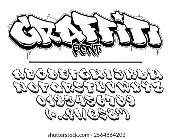 Graffiti vector font. Capital letters, numbers and glyps alphabet. Isolated black outline.