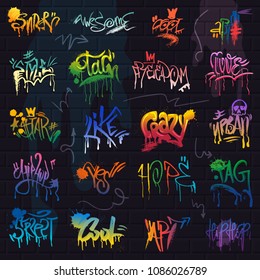 Graffiti vector graffito of brushstroke lettering or graphic grunge typography illustration set of street text with love freedom isolated on brick wall background