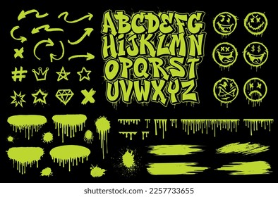 Graffiti Vector Graphics set, includes font, different designs elements such as smiles, arrows, spray drops and other images