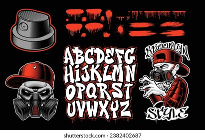 Graffiti vector illustrations set, with a graffiti font