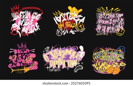 Graffiti vector set. street style designs bundle for t-shirt design. Urban graphic t shirt, graffiti typography t shirt designs collection. Street art for print.	
