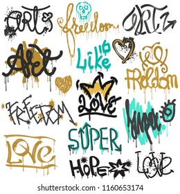 Graffiti Vector Street Art Graffity Grunge Font By Spray Or Brush Stroke On Wall Illustration Urban Set Of Love Freedom Text Lettering Isolated On White Background