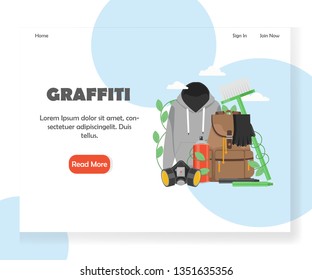 Graffiti vector website template, web page and landing page design for website and mobile site development. Street art tools and accessories concept.