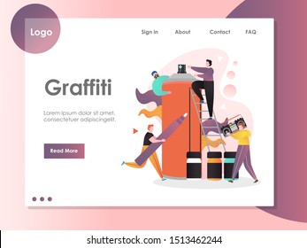 Graffiti vector website template, web page and landing page design for website and mobile site development. Street art concept with artists and decorative spray tools and accessories.