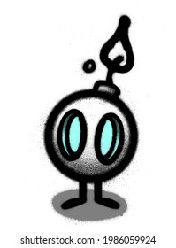 graffiti walking cartoon bomb sprayed over white