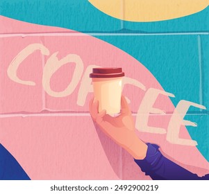 Graffiti wall art, part of a café of a hand with a cup of coffee with the word coffee drawn
