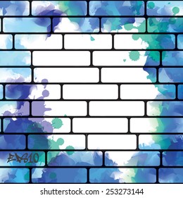 Graffiti wall background with blue watercolor splashes, urban art