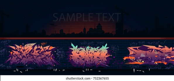Graffiti wall background. Drawings of graffiti with baloons on the wall at night against the background of the cityscape.Urban art grafitti vector design.